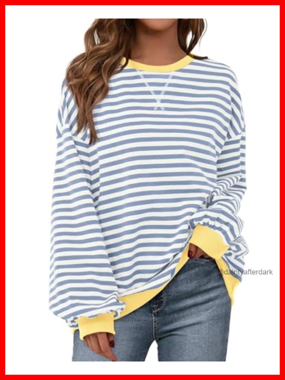 Oversized Striped Sweatshirt Lantern Sleeve Loose Fit Crewneck Pullover